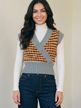 Vintage 70s Huk-A-Poo 100% Wool Sweater Vest M Mustard Burgundy Cross XS / S